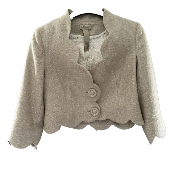 Anthropologie Jackets & Blazers - ANTHROPOLOGIE ELEVENSES Beige Shimmery Sparkley Scalloped Cropped Jacket Sz 2